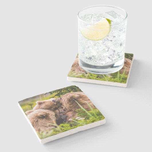 ママは彼女の2つの子供を看護するクラーク湖ナシア ストーンコースター (横)