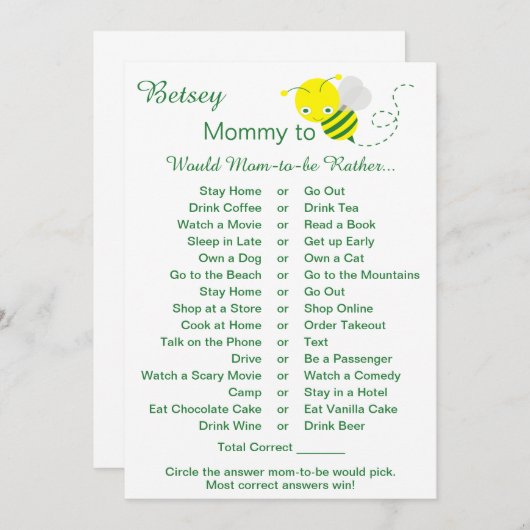 ママは赤ちゃんシャワーのゲームカードを好む 招待状 (正面/裏面)