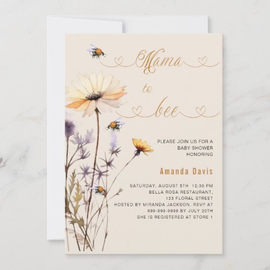 ママは野生の花の黄色のベージュの赤ちゃんシャワー 招待状 (正面)