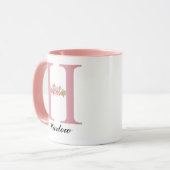 ママへの特別なギフト カスタム ピンク フラワー モノグラム マグカップ (正面左)