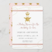 ママへビー金ゴールドグリッターピンクガールベビーシャワー 招待状 (正面/裏面)