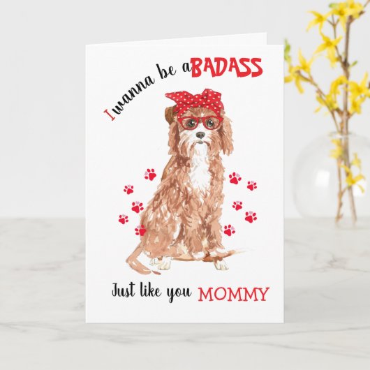 ママへ愛と感謝を込めて。あなたの Cavapoo ワンコより カード (黄色い花)