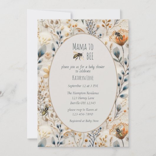 ママほこりっぽい青いフローラの赤ちゃんシャワー 招待状 (正面)