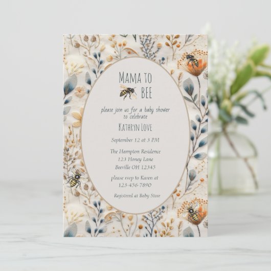 ママほこりっぽい青いフローラの赤ちゃんシャワー 招待状 (スタンド正面)