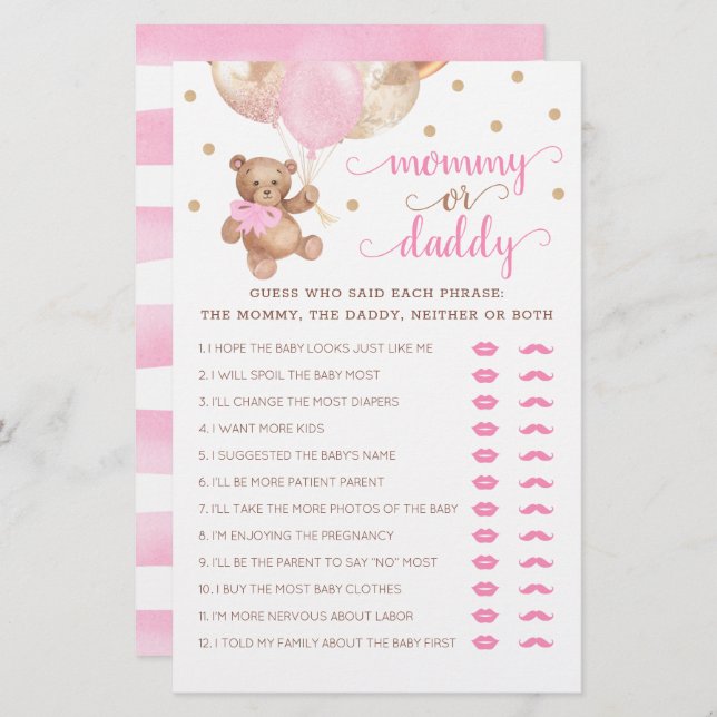 ママまたはパパのゲームベビーシャワーテディベア (正面/裏面)
