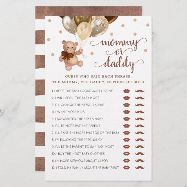 ママまたはパパのゲームベビーシャワーテディベア (正面/裏面)
