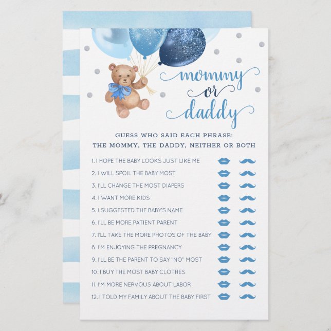 ママまたはパパのゲームベビーシャワーテディベア (正面/裏面)