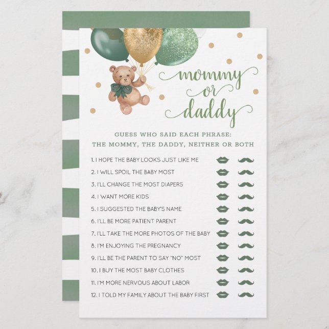 ママまたはパパのゲームベビーシャワーテディベア (正面/裏面)