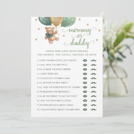 ママまたはパパのゲーム赤ちゃんシャワーテディベアーカード 招待状 (スタンド正面)