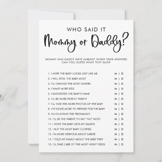 ママまたはパパの赤ちゃんシャワーゲームのミニマルモダンリスト 招待状 (正面)