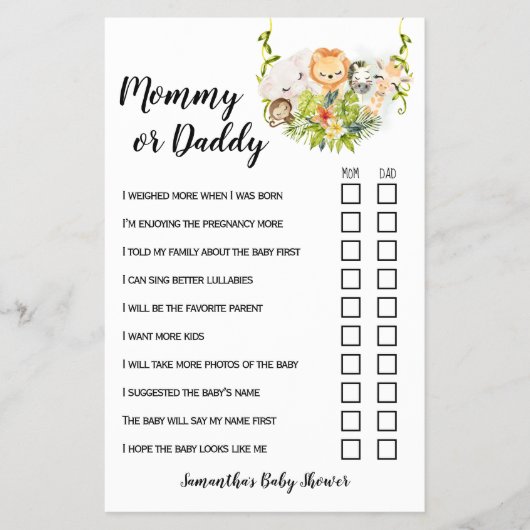 ママまたはパパジャングル動物ベビーシャワーゲームカード チラシ (正面)