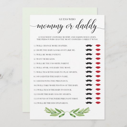 ママまたはパパ赤ちゃんシャワーゲームグリーンテーマ (正面/裏面)