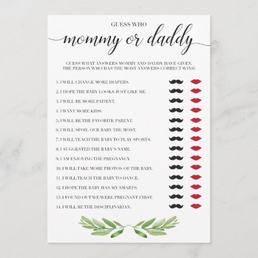 ママまたはパパ赤ちゃんシャワーゲームグリーンテーマ (正面)