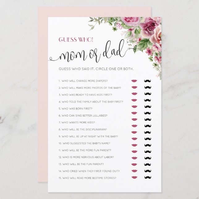 ママまたはパパ赤ちゃんシャワーゲーム (正面/裏面)