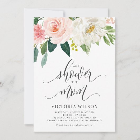 ママをシャワー赤面ピンクフローラ赤ちゃんシャワー 招待状 (正面)