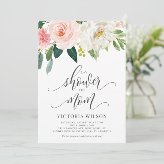 ママをシャワー赤面ピンクフローラ赤ちゃんシャワー 招待状 (スタンド正面)