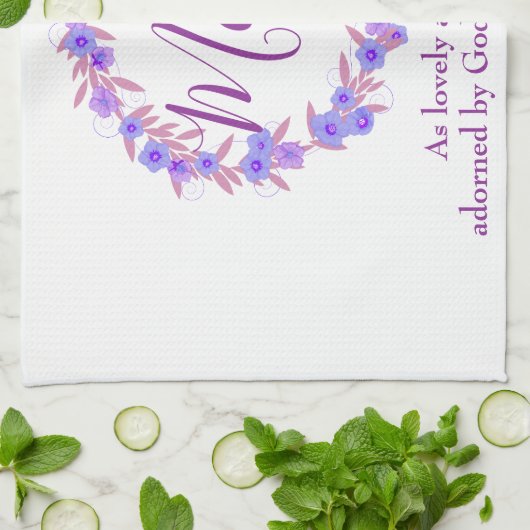 ママをテーマにした紫と青のフローラリース キッチンタオル (折り畳み)