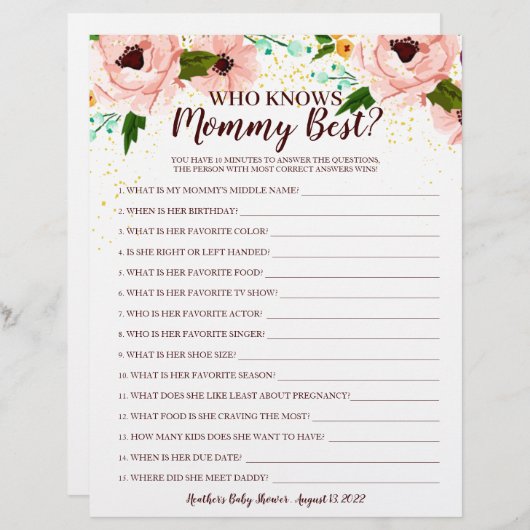 ママを知っている赤ちゃんシャワーゲーム紙吹雪フローラ (正面/裏面)
