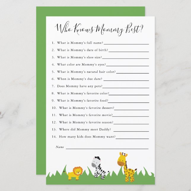 ママを知るサファリの赤ちゃんシャワーゲー最高のム (正面/裏面)