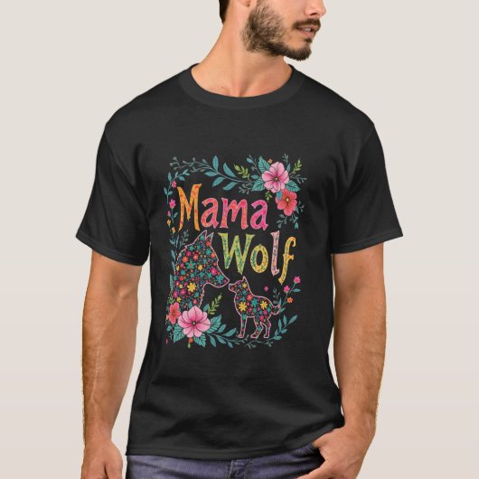ママウルフ 花狼 デザイン Tシャツ (正面)