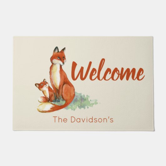 ママキツネとベビー水彩イラストレーションへようこそ ドアマット (正面)