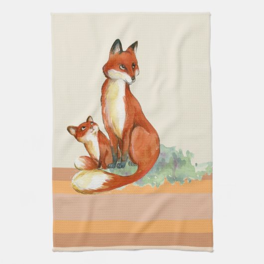 ママキツネとベビー水彩イラストレーション キッチンタオル (縦)