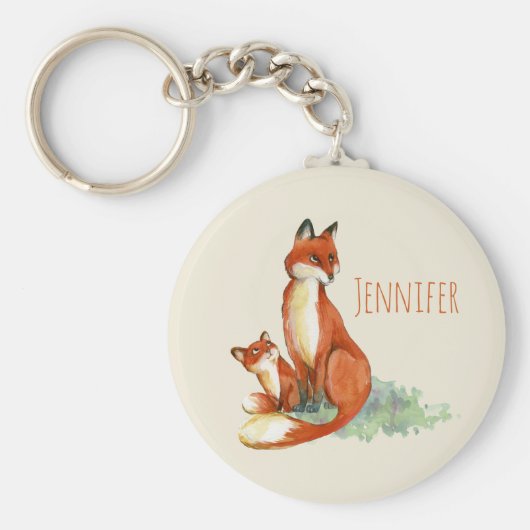 ママキツネとベビー水彩イラストレーション キーホルダー (正面)