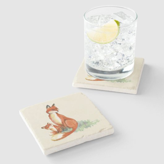 ママキツネとベビー水彩イラストレーション ストーンコースター (横)
