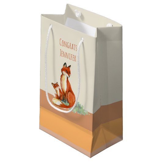 ママキツネとベビー水彩イラストレーション スモールペーパーバッグ (正面アングル)