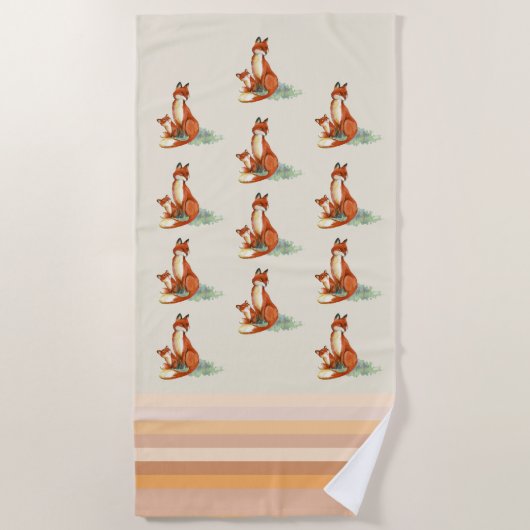 ママキツネとベビー水彩イラストレーション ビーチタオル (正面)