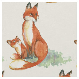 ママキツネとベビー水彩イラストレーション ファブリック