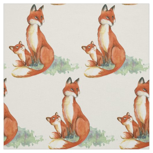 ママキツネとベビー水彩イラストレーション ファブリック (見本)