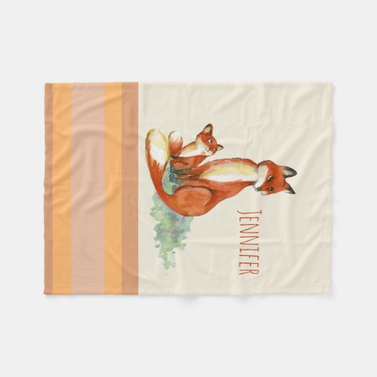 ママキツネとベビー水彩イラストレーション フリースブランケット (正面(横))