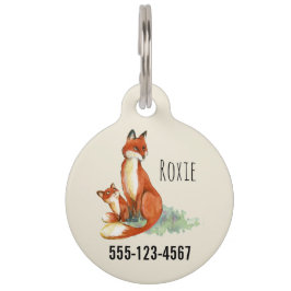 ママキツネとベビー水彩イラストレーション ペット　ネームタグ