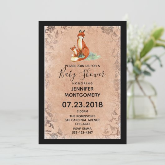 ママキツネとベビー水彩赤ちゃんシャワー 招待状 (スタンド正面)