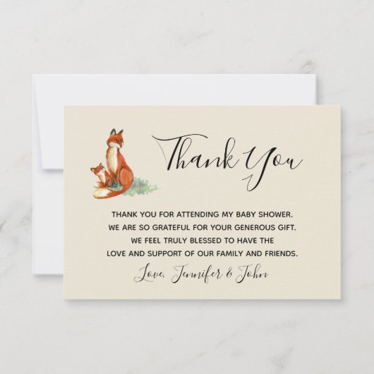 ママキツネ及びベビー水彩イラストレーション感謝してい 招待状 (裏面)