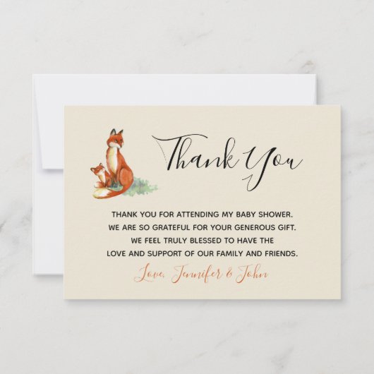 ママキツネ及びベビー水彩イラストレーション感謝してい 招待状 (裏面)