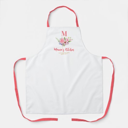 ママギフトピンク赤面お洒落花モノグラム エプロン (正面)