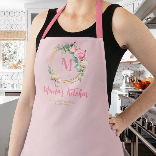 ママギフトピンク赤面バラ金ゴールドモノグラムフローラ エプロン