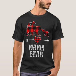 ママグマと2匹の子グマのシャツ、クリスマスママベアのチェック柄 Tシャツ