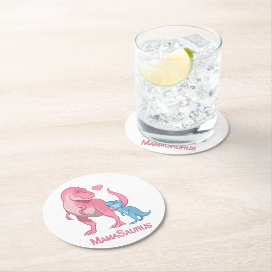 ママサウルスTレックスと男の赤ちゃん恐竜 ラウンドペーパーコースター (インサイチュ)