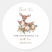 ママシカとベビー鹿の赤ちゃんシャワーありがとうラベル ラウンドシール (正面)