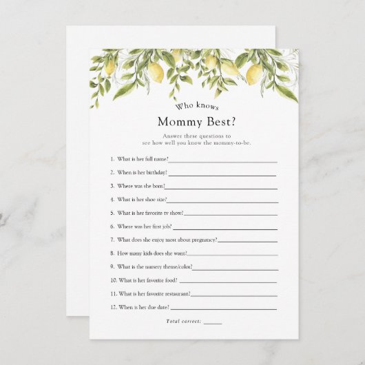 ママシャワーゲームカー最高のドを知っているレモンの枝 招待状 (正面/裏面)