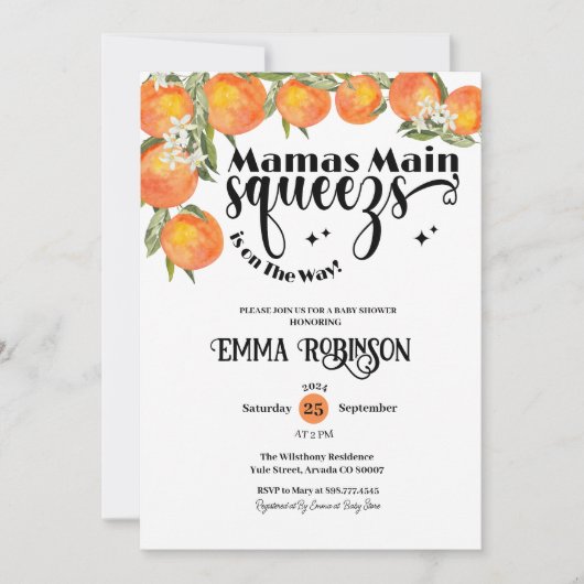 ママスメインスクイーズ赤ちゃんシャワーオレンジ色の水色 招待状 (正面)