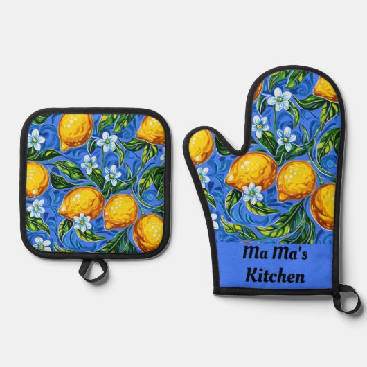 ママズキッチンブルーとイエロー 鍋つかみ&鍋敷きセット (正面)
