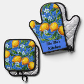 ママズキッチンブルーとイエロー 鍋つかみ&鍋敷きセット (正面/裏面)