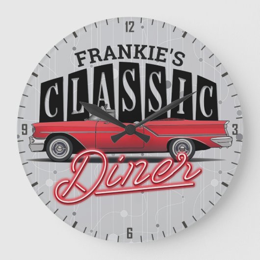 ママズディナー名前をカスタムするフェイクネオン50のクラシック ラージ壁時計 (正面)