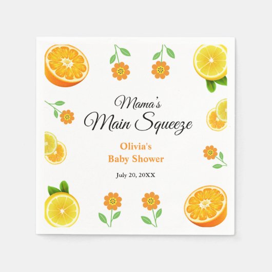 ママズメインスクイズオレンジシトラスベビーシャワー スタンダードカクテルナプキン (正面)