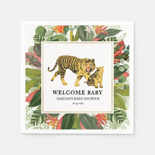 ママタイガーボタニカルフローラニュートラルベビーシャワー スタンダードカクテルナプキン (正面)
