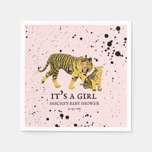 ママタイガー絵を描（ばちゃばちゃ）跳ねるピンクガール赤ちゃんシャワー スタンダードカクテルナプキン (正面)